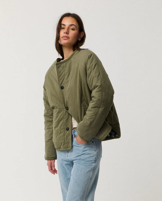 Rip Curl Bossa Nova Revo women’s reversible jacket in Military Green – angled front view of the green side
