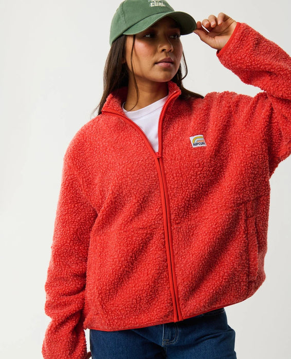 Rip Curl Every Day Zip Through Polar Fleece in red, front view with chest logo