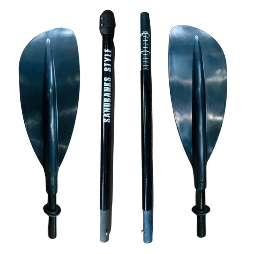 Sandbanks fibreglass 4-piece kayak paddle shown in its four sections with blades