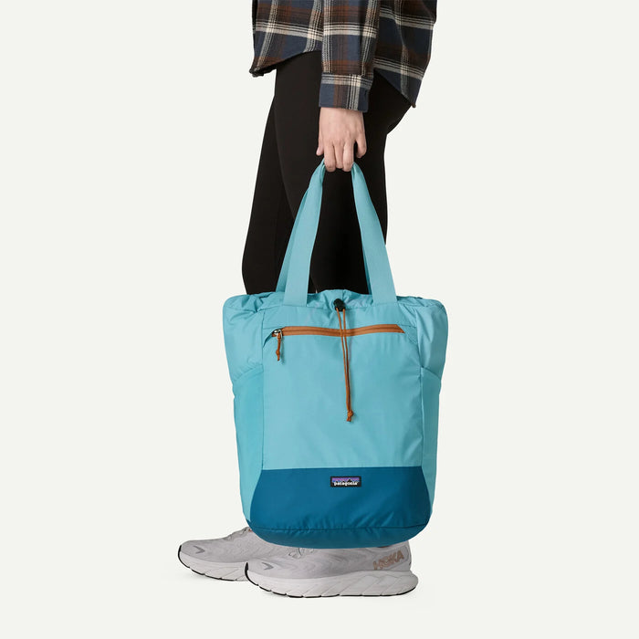 Patagonia Terravia Tote Pack 24L in Snowmelt Blue, worn 2
