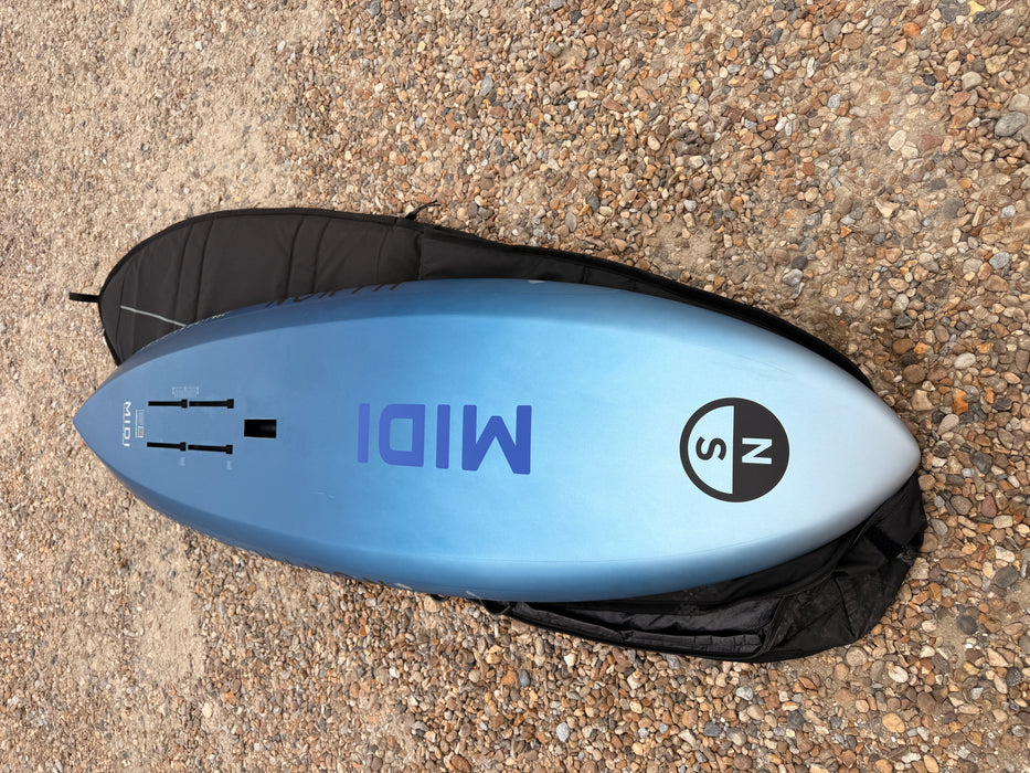 Used North Midi wing foil board underside showing the low-drag semi-displacement hull