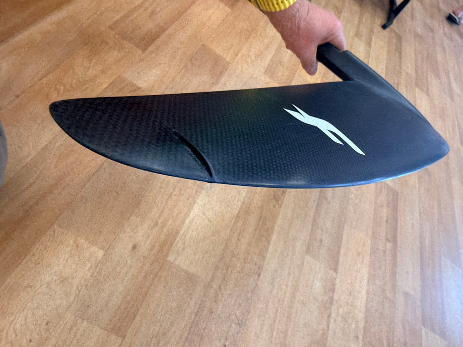Underside of the F-One Seven Seas Carbon 1300 front wing showing carbon weave and wingtip fence