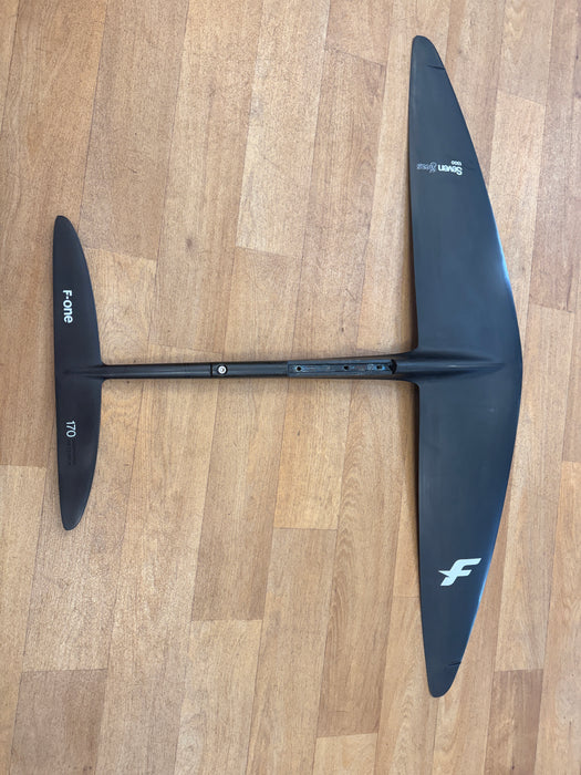 Used F-One Seven Seas Carbon 1300 front wing and fuselage assembled, top view