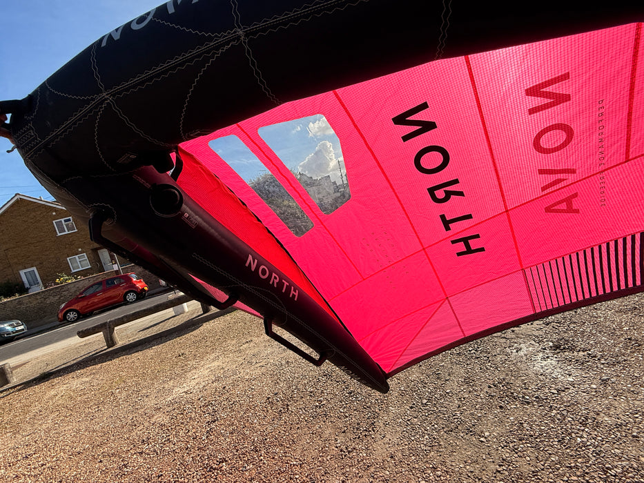 Used North Nova 2023 5.0m wing foil wing displayed upright outside the Board-Worx shop in Whitstable
