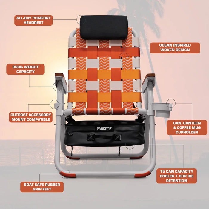 Parkit Eclipse Sunkissed reclining chair lifestyle shot on the beach with warm tones and coastal setting