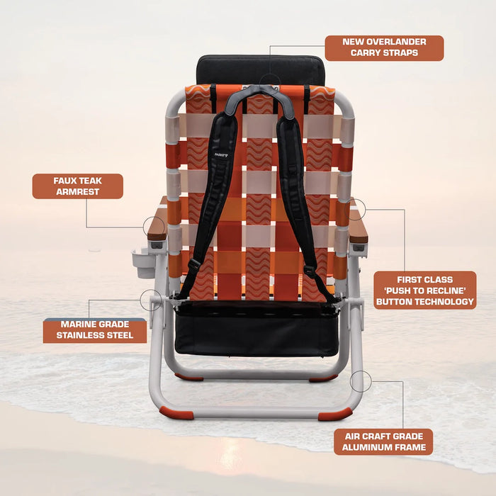 Parkit Eclipse Sunkissed chair in Relax recline position showing Sunkissed orange and cream woven webbing detail