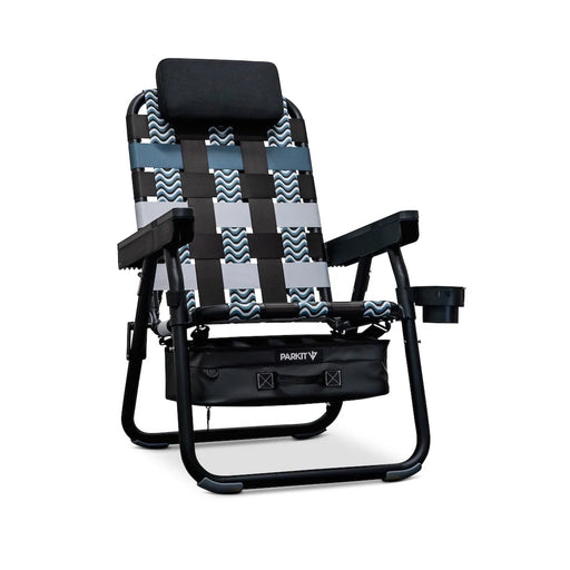 Parkit Eclipse Undertow reclining outdoor chair in upright position showing layered ocean-tone woven pattern and built-in cooler