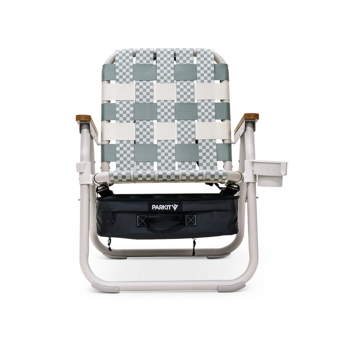 Parkit Voyager Dune Saguaro chair front view showing faux teak armrests and woven polyester seat