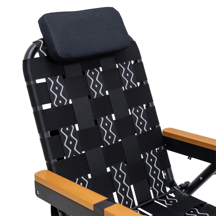 Eclipse Slate chair side profile showing woven polyester upholstery and faux teak armrests