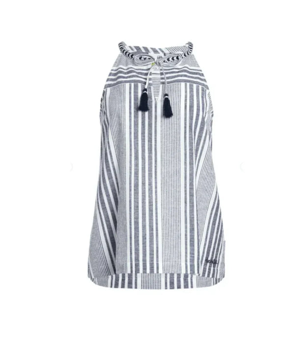 Weird Fish Marciana Organic Cotton Striped Woven Top Navy