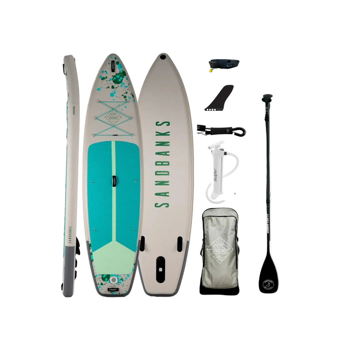 sandbanks Paddleboard set with board, pump, leash, and paddle on a white background