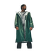 A model wearing a long, dark green dryrobe advanced long sleeve changing robe,hooded raincoat over a light gray hoodie and dark jeans, shown against a plain white background with a black border.