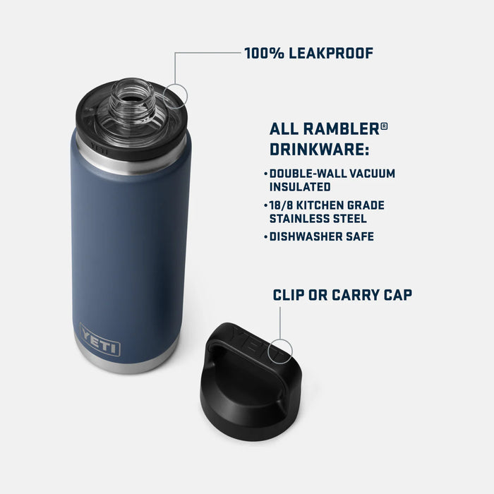Yeti Rambler insulated water bottle, navy blue, leakproof with clip cap, stainless steel