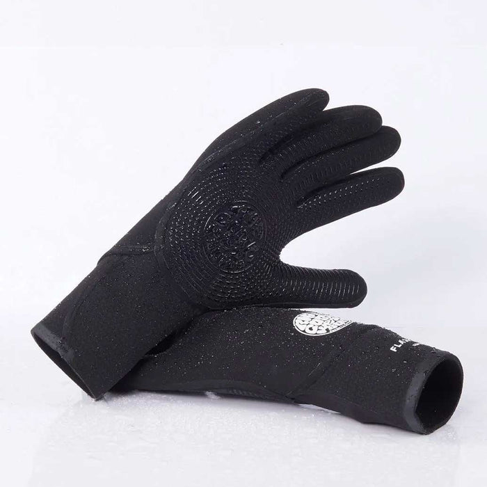 Black gloves with rip curl brand logo on a white background