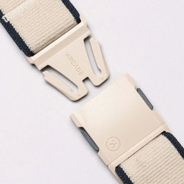 Arcade Carto belt with oat and navy strap and beige quick-release plastic buckle
