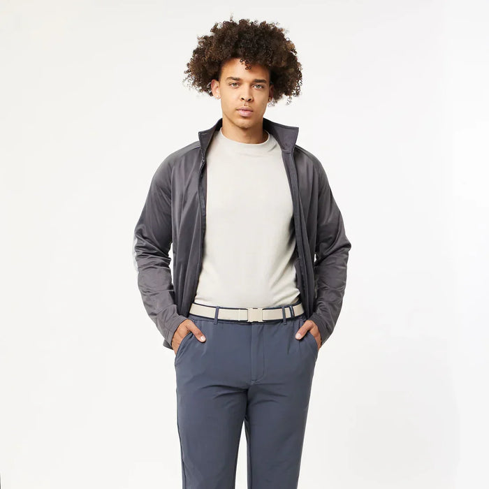 Arcade Carto oat navy belt on man with grey jacket and blue trousers