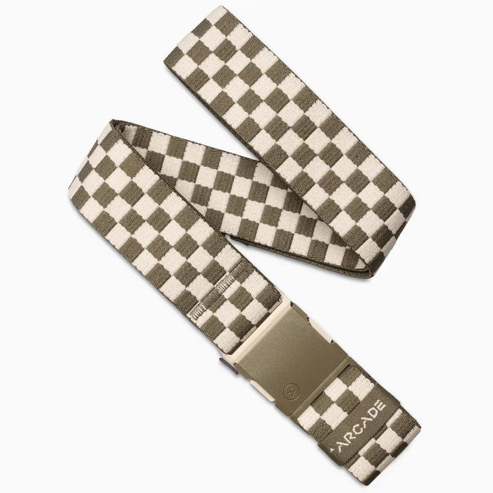 Arcade khaki checkered webbing belt with metal buckle, surf accessory