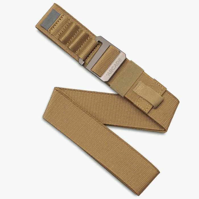 Arcade tan webbing belt with metal buckle, durable outdoor accessory