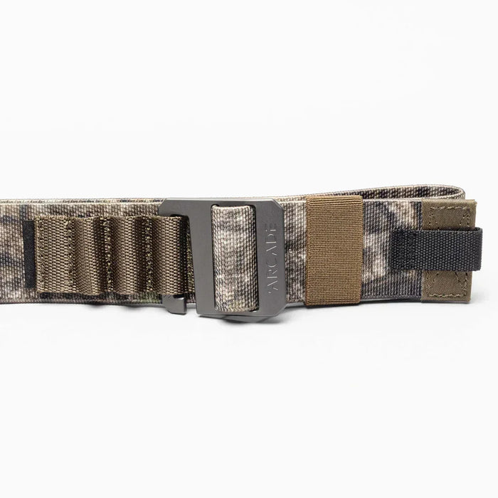 Arcade camo webbing belt with metal buckle and Realtree pattern, laid on white background.