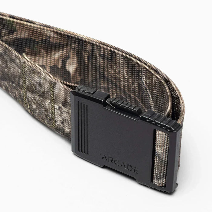 Arcade camo belt with black buckle, durable webbing, ideal for outdoor watersports.