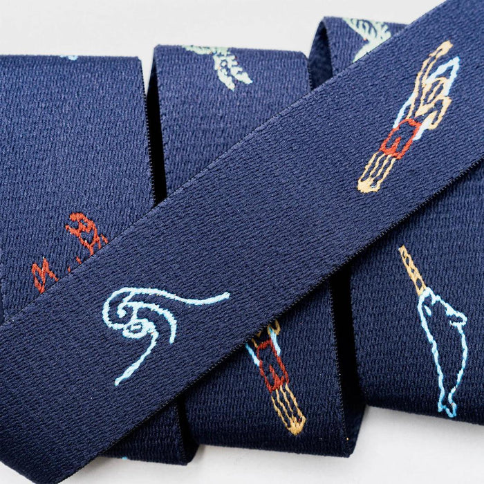 Arcade navy watersports belt with wave and paddleboard embroidery design