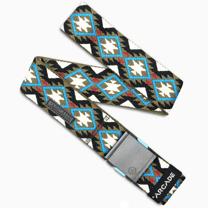 Arcade patterned belt with geometric design in oat, turquoise, and black