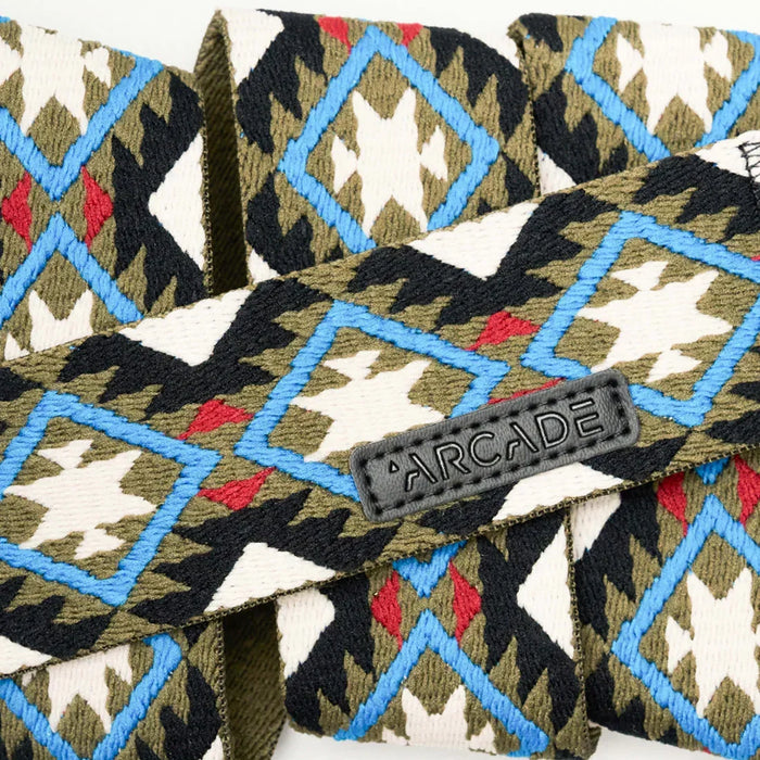 Arcade woven belt with blue, oat, and turquoise geometric pattern for watersports clothing