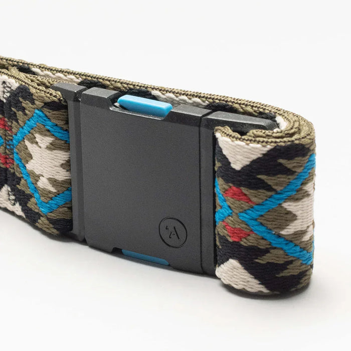 Arcade belt with geometric camo, blue and oat pattern, black buckle, for watersports wear