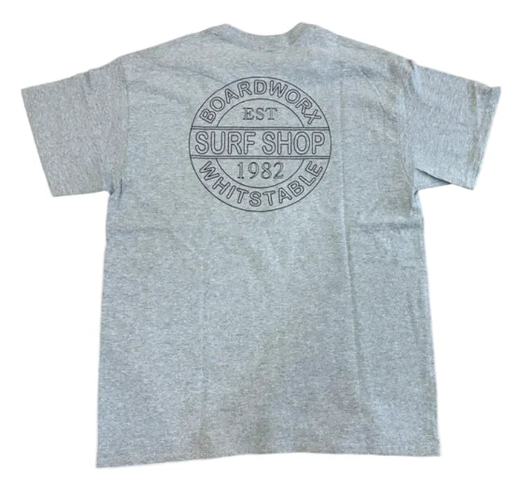 Board-Worx Surf Shop 1982 logo t-shirt in grey, front view