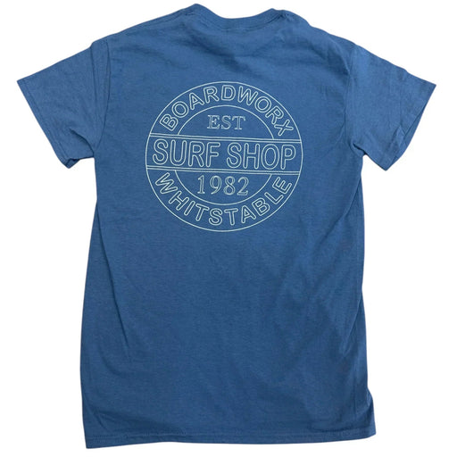 Indigo blue Boardworx surf shop t-shirt with Whitstable logo print on the back