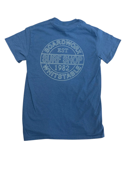 Indigo blue Boardworx surf shop t-shirt with Whitstable logo print on the back