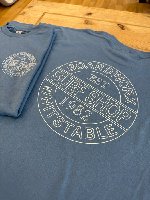 Indigo blue Boardworx surf shop t-shirt with Whitstable 1982 logo printed on front