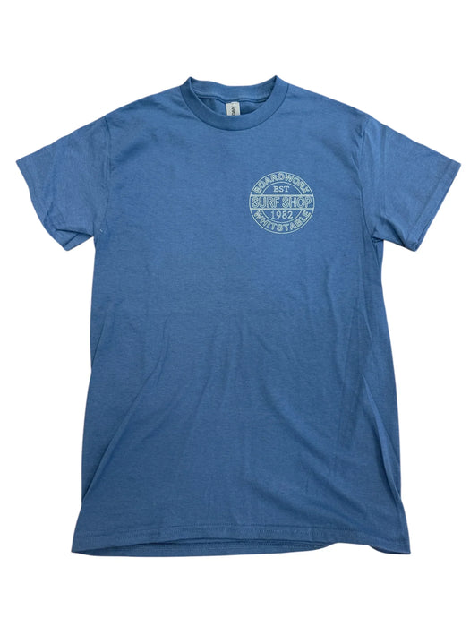Indigo blue surf shop t-shirt with Boardworx Whitstable logo on chest, watersports clothing