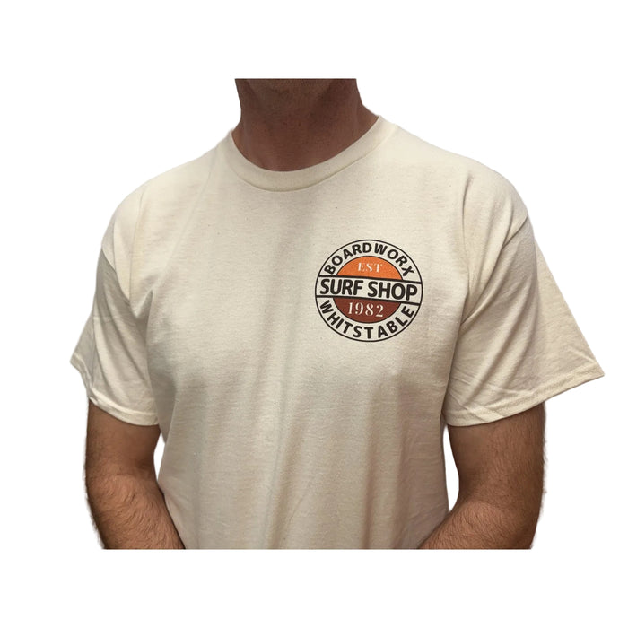 Board-Worx ivory white tee front, small chest logo, worn by model