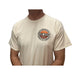 Board-Worx ivory white tee front, small chest logo, worn by model