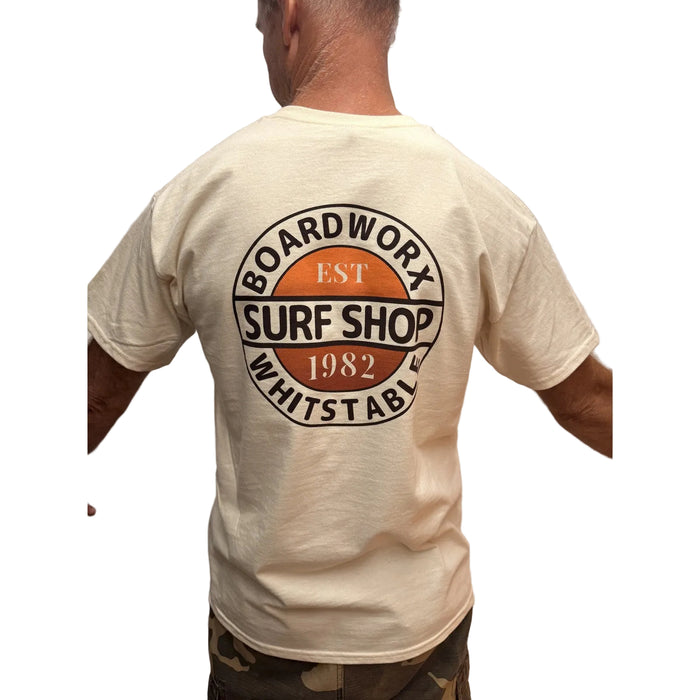Board-Worx Surf Shop ivory tee back logo worn by 6ft model in a Large