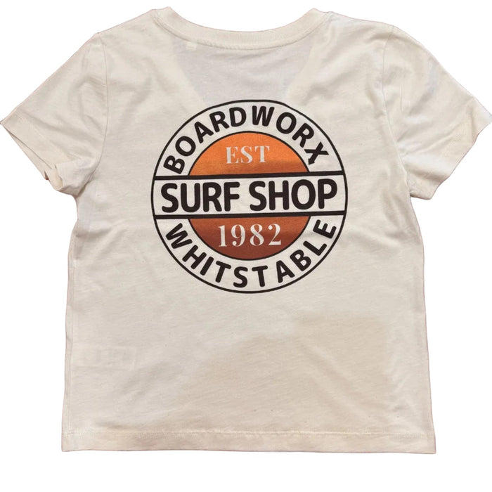 Boardworx Surf Shop women’s organic cotton V-neck T-shirt in Natural Raw, back logo view