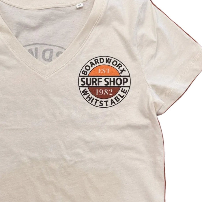 Boardworx Surf Shop Whitstable 1982 chest logo on women’s Natural Raw V-neck T-shirt