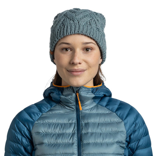 BUFF Caryn Knitted and Polar Beanie Blue Grass worn fit