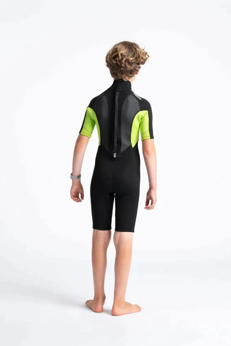 C-Skins Element Junior Kids Shorty wetsuit with black and green panels, rear view