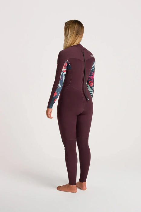 C-Skins Nuwave Solace 3/2mm women's back zip steamer wetsuit, maroon with floral sleeves