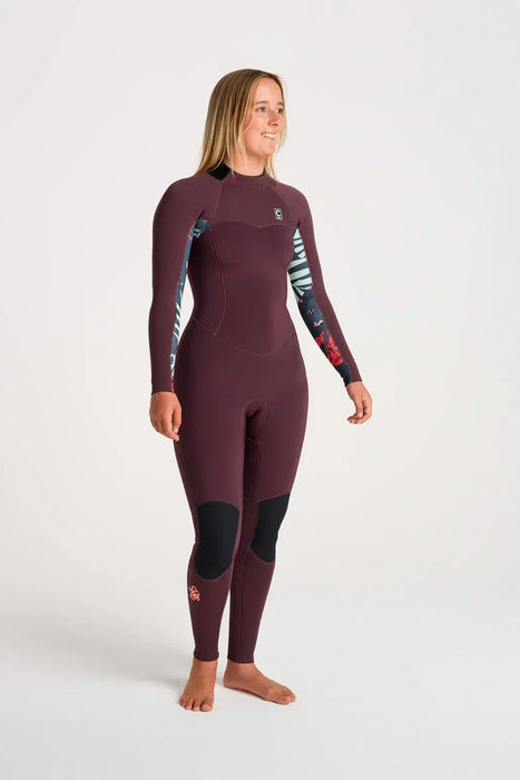 C-Skins Nuwave Solace 3/2 women’s back zip steamer wetsuit in maroon with floral sleeve accents
