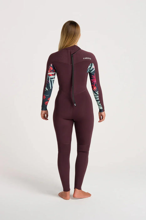 c-skins womens back zip steamer wetsuit in burgundy with floral pattern sleeves