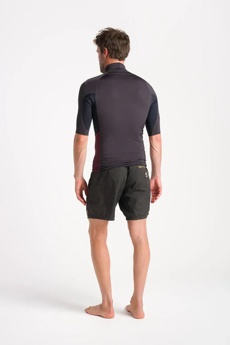 Man wearing C-Skins men's anthracite and bluestone short sleeve rash vest, back view