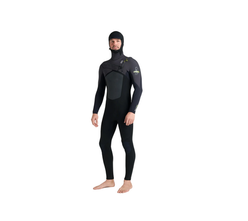 C-Skins NUWave ReWired 5:4 hooded men’s wetsuit front view in Black Meteor Lime