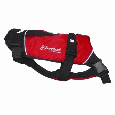 Crewsaver red Petfloat dog buoyancy aid with reflective trim and secure black straps