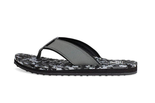 Quiksilver flip flops with black and gray camouflage pattern, ideal for beachwear and watersports.