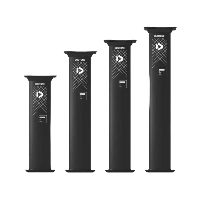 Duotone black alloy foil mast for wing foiling, shown in four different lengths
