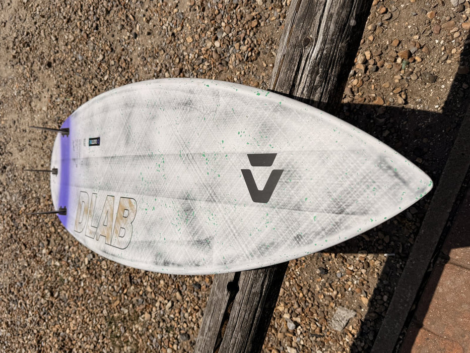 Underside of the Duotone Blur D/LAB 5'6 kite surfboard with DLAB branding