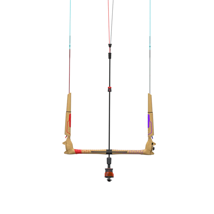 Duotone Quad Control kitesurfing kite bar with tan, red and purple accents